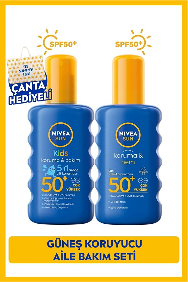 NIVEA SUN SPF50 Çocuklar İçin Hassas Güneş Koruyucu 200ml ve Nemlendirici Güneş Spreyi 200ml, Çanta Hediye