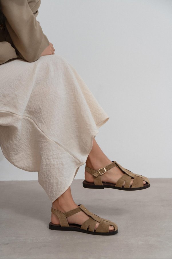 NİŞANTAŞI SHOES Bird Rome Beige Suede Genuine Leather Buckle Detail Flat Sole Women's Sandals