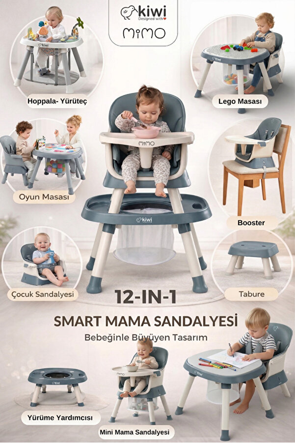 Kiwi Mimo 12’si 1 Arada Çok Fonksiyonlu Mama Sandalyesi – Oyun & Aktivite Masası - Mavi