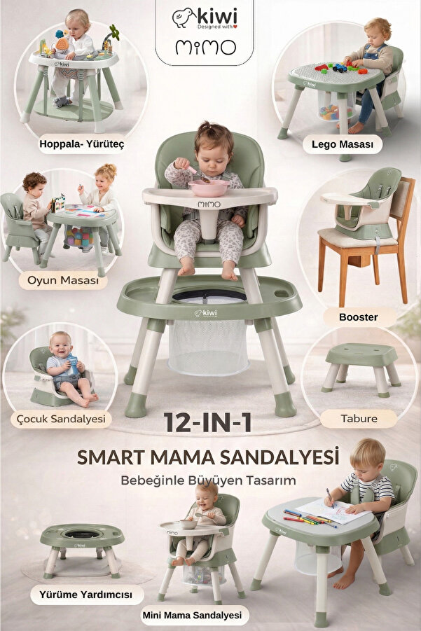 Kiwi Mimo 12’si 1 Arada Çok Fonksiyonlu Mama Sandalyesi – Oyun & Aktivite Masası , Yükseltici - Yeşil