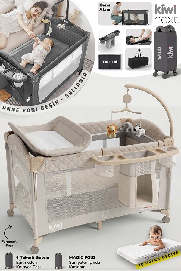 Kiwi WildNest 3in1 Anne Yanı Park Yatak Katlanır Beşik, Tekerlekli, Yan Açılır, Müzik+Oyuncak+Cibinlik