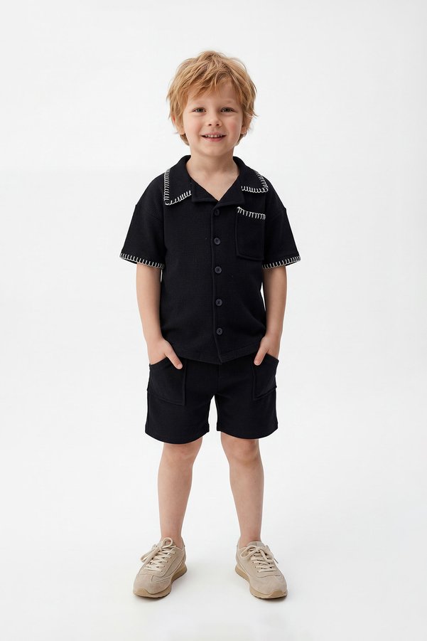 TRENDYOLKIDS Black Boy's Plain Knitted Bottom - Top Set Tkdss26Au00098