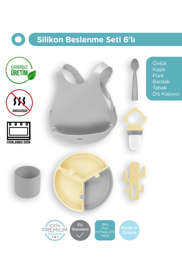 OiOi 6'lı Set Puzzle Tabak, Kaktüs Sarı, Bardak Gri, Kaşık Gri, Mama Önlüğü Gri, Püre