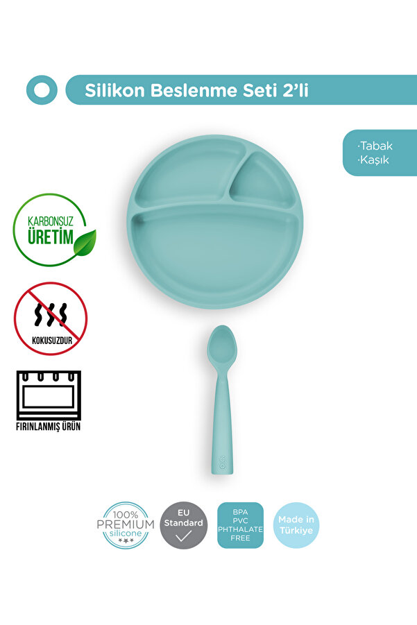 OiOi Vakum Tabanlı Silikon Tabak Ve Nam Nam Kaşık 2'li Set Yeşil