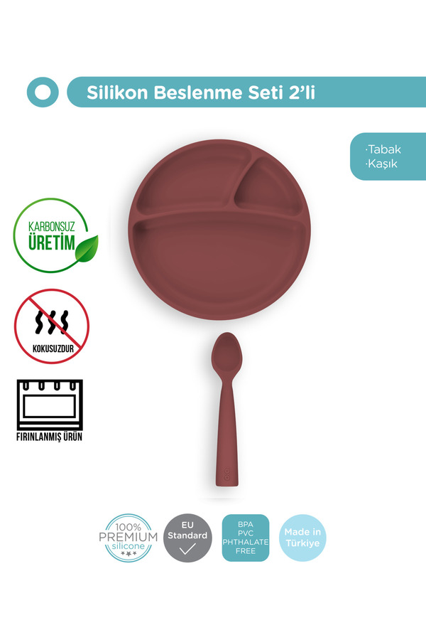 OiOi Vakum Tabanlı Silikon Tabak-nam Nam Kaşık 2'li Set-bordo