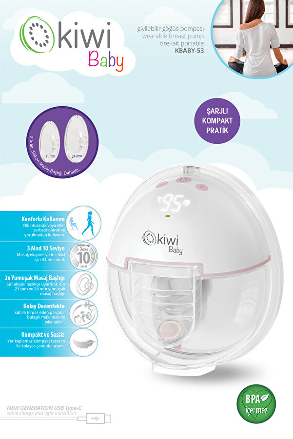 Kiwi KBABY-53 Giyilebilir Göğüs Pompası | 1200 mAh Şarjlı & 6 Mod & 180 ml Hazne