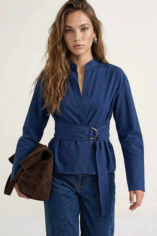Trendyol Collection Navy Blue Belted Adjustable Shirt with Snap Front TWOAW26GO00067