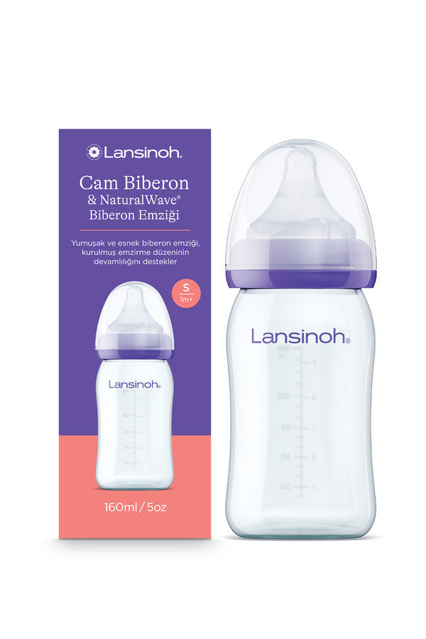 LANSINOH 160 ml Cam Biberon ve NaturalWave® Biberon Emziği (1Ay+)
