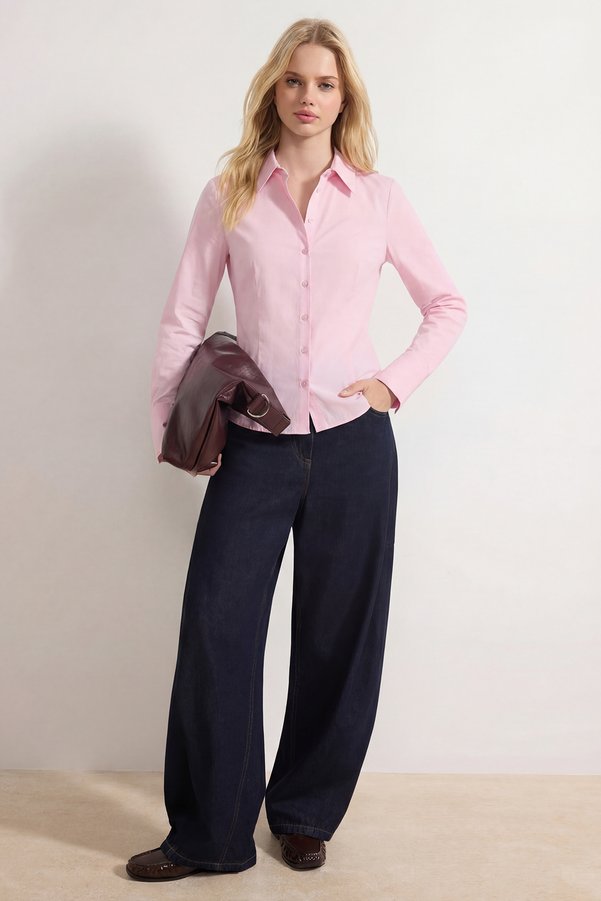 Trendyol Collection Wardrobe Essentials Pink Lightweight Waist-Fitted Cotton Woven Shirt Twoaw26Go00022