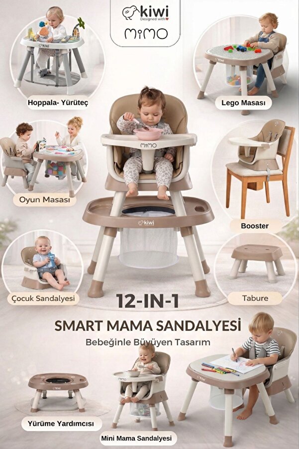 Kiwi Mimo 12’si 1 Arada Çok Fonksiyonlu Mama Sandalyesi – Oyun & Aktivite Masası, Yükseltici - Kahve