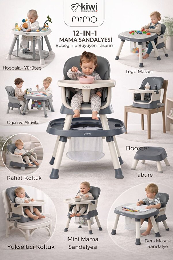 Kiwi Mimo 12’si 1 Arada Çok Fonksiyonlu Mama Sandalyesi – Oyun & Aktivite Masası , Yükseltici - Koyu Gri
