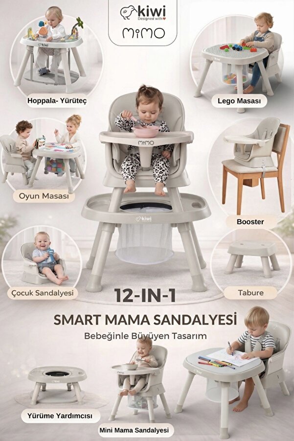 Kiwi Mimo 12’si 1 Arada Çok Fonksiyonlu Mama Sandalyesi – Oyun & Aktivite Masası - Gri