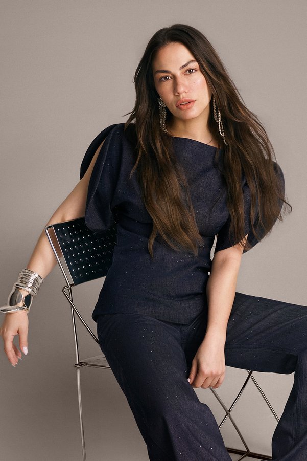 Trendyol Collection Dark Blue Sleeve Detailed Stoned Asymmetric Denim Blouse Twoss26Bz00829