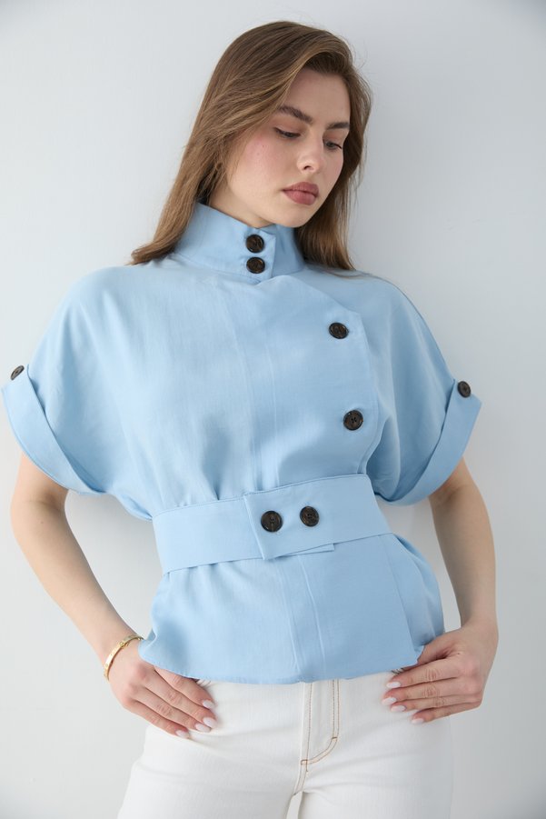 Trendyol Collection Blue Liyosel Draped Soft Textured Short Sleeve Blouse Jacket Twoss26Ce00043