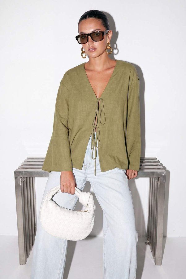 Drop by TrendyolMilla Khaki V-Neck Front Tie Standard Size Wide Sleeve Blouse Tdrss26Bz00089