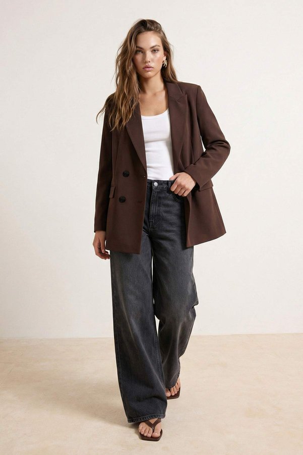 Trendyol Collection Dark Brown Lined Double-Breasted Woven Blazer Jacket TWOAW21CE0145