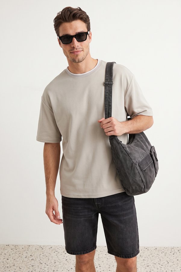 Trendyol Collection Premium Stone Oversized/Wide Fit Knit Band Textured Piqué T-Shirt TMNSS23TS00079