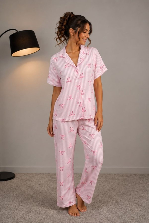 BELLA NOTTE Pink Soft Bow Patterned Summer Pajama Set