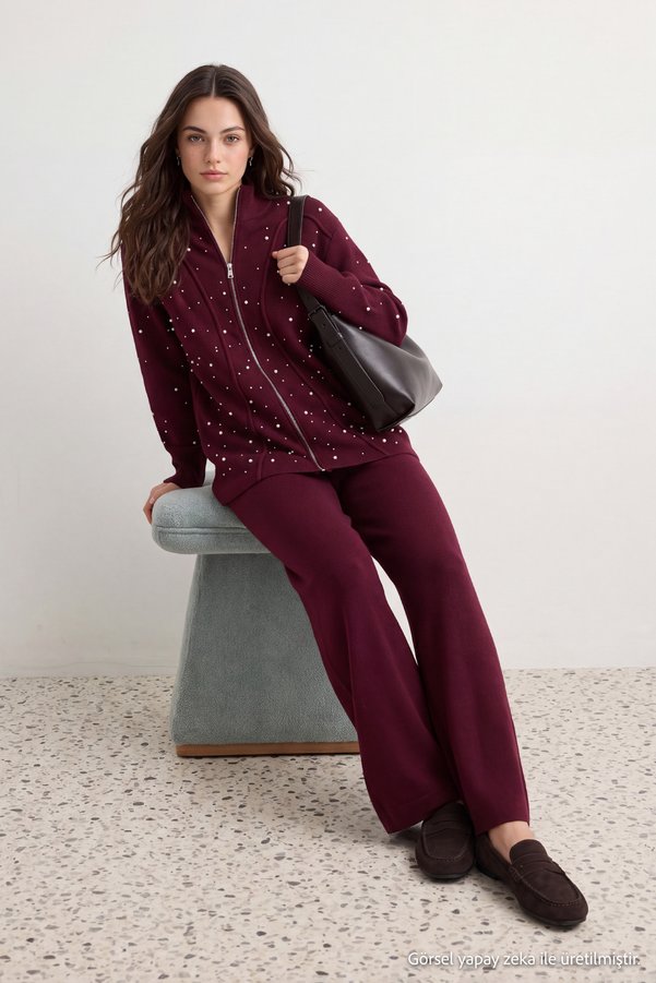 Trendyol Modest Burgundy Pearl Oversize Double Plate Embroidered Knitwear Hijab Bottom - Top Set Tctaw26Us00029