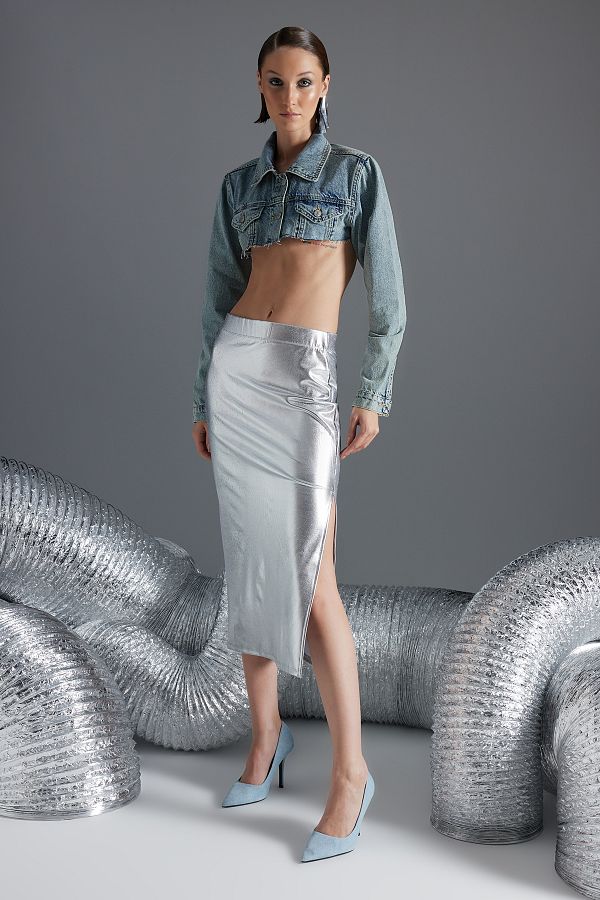 Trendyol Collection Silver Foil Printed High Waist Slit Fitted Midi Skirt TWOAW24ET00247 Trendyol