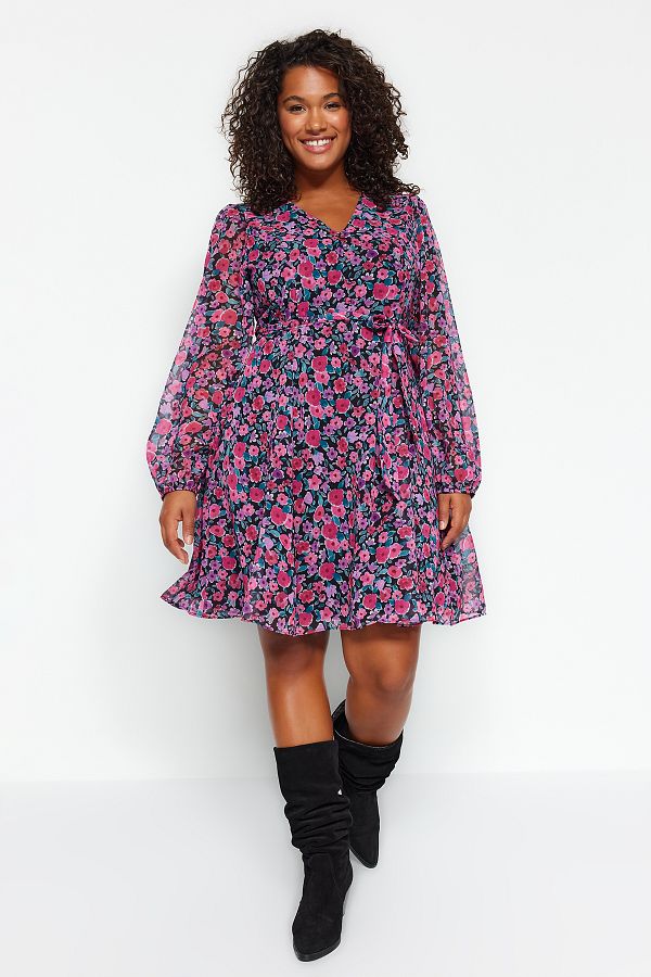 Trendyol Curve-V-neck Chiffon Lining -Multicolor Flower Print Dress TBBAW24AH00054 1
