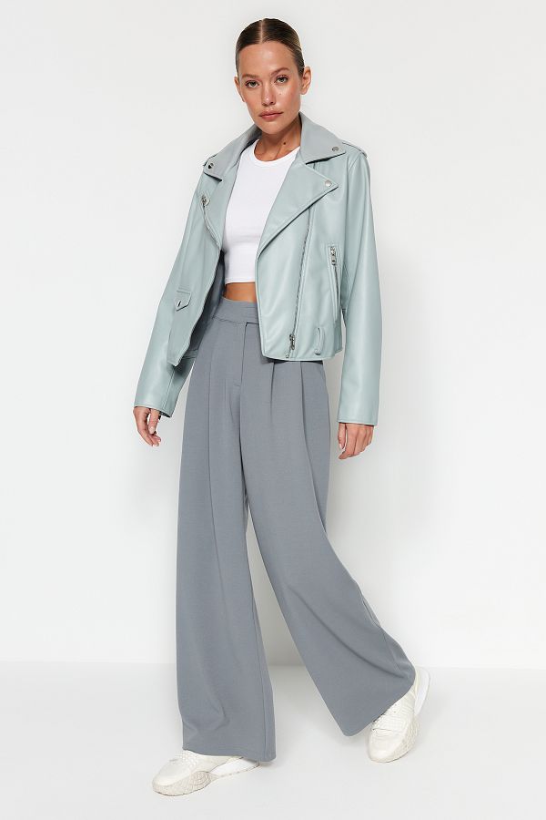 Trendyol Collection-Graue Plissee-Strickhose mit hoher Taille und Klettverschluss - Wide Fit TWOAW24PL00177 1