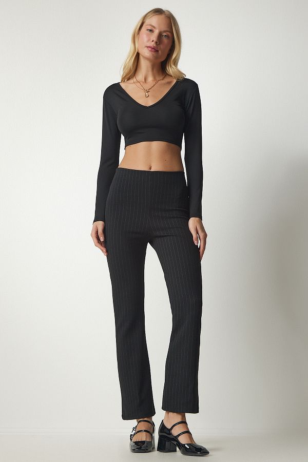 Happiness stanbul Women s Black Slim Striped Casual Trousers ub00138 Trendyol