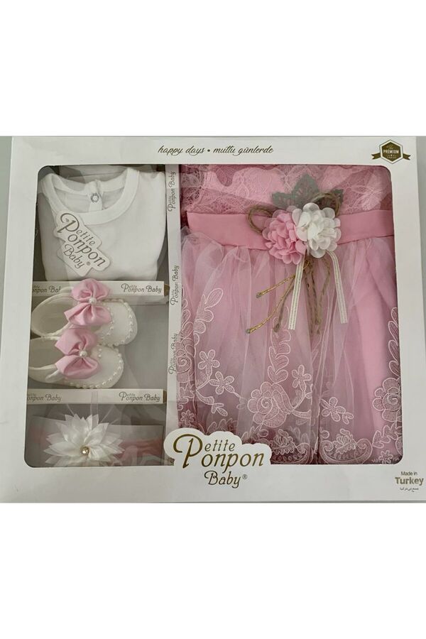 furya kids FURYA KİDS Kız Bebek 0-6 Ay Gelinlik Elbise 4 lü Mevlütlük Set Uzun Kollu Dantelli Premium Mevlütlük