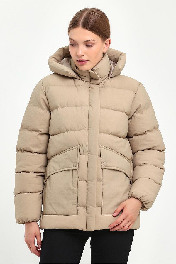 MUREVVA Women s Cream Hooded Puffer Coat Trendyol