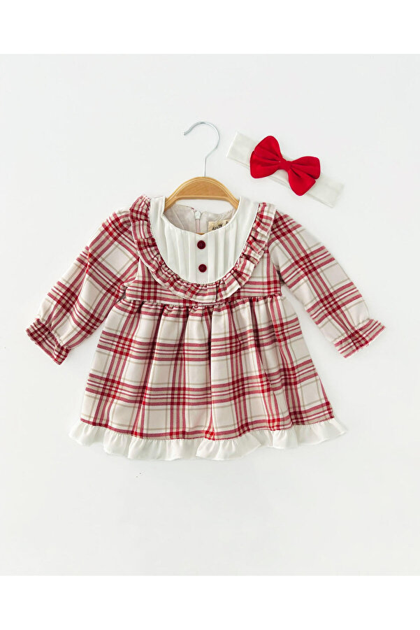 COLORED BABY Kız Bebek Fırfır Yaka Ekose Elbise ve Saç Bandı