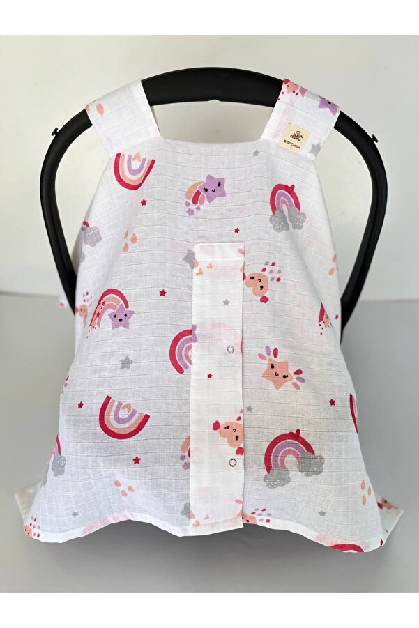 Puro Cotone %100 Pamuk Bebek Müslin Puset Örtüsü ve Puset Minderi Pembe Gökkuşağı Desenli