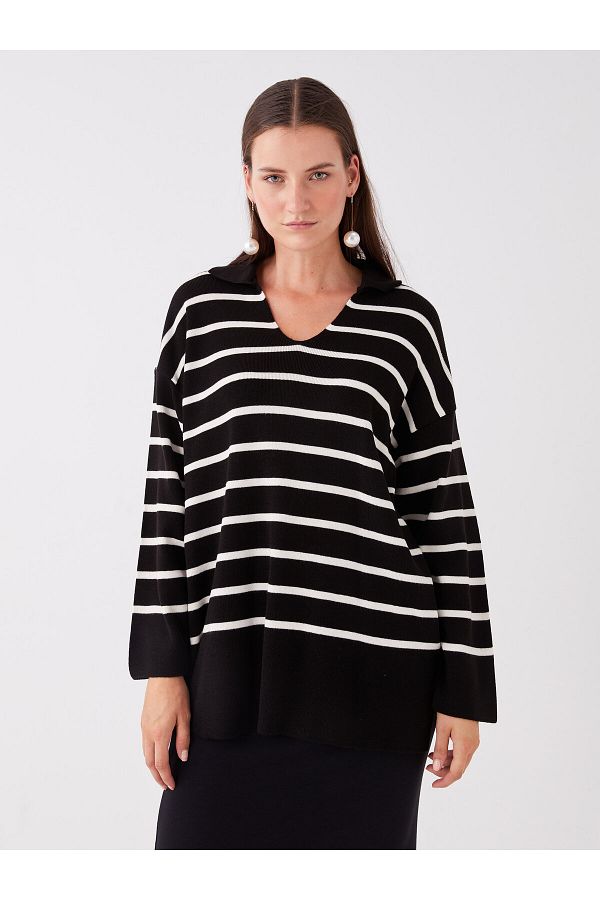 LC Waikiki-Gestreifter, langärmliger, übergroßer Damen-Strickpullover mit Polokragen 1