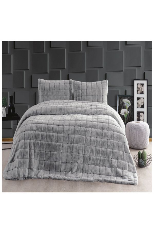 Merinos-Luxe Gray Checkered Double Bedspread Set 1