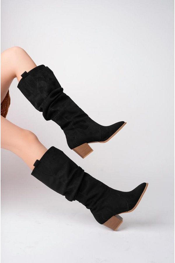 Pine Cone-401 Women's Canvas Thick Heeled Pull-On Boots Black 1