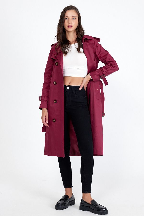 Sporting Women s Burgundy Coated Lined Waterproof Belted Long Trench Coat Trendyol