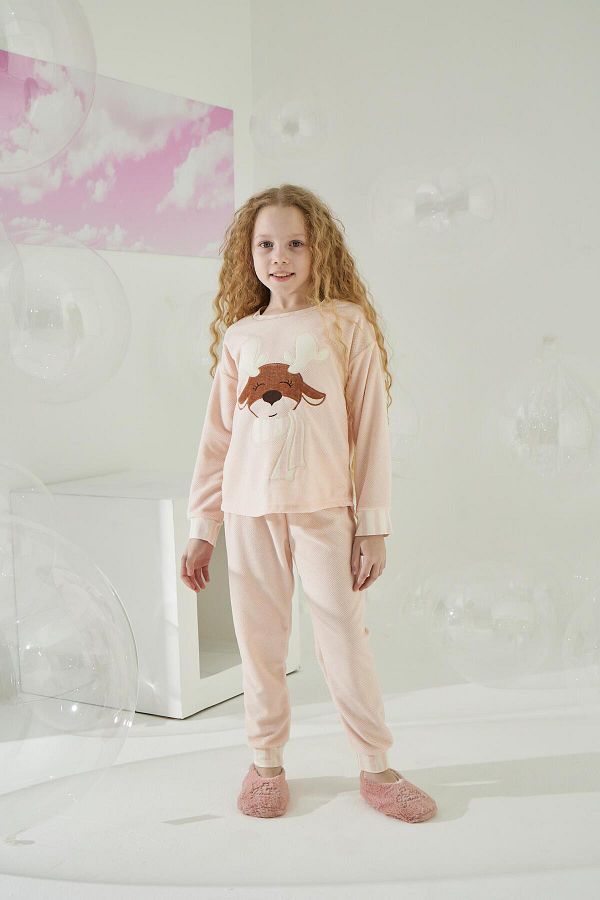 Sevim-Girl Waiter Long Sleeve Velvet Pink Pajamas Set C8T5N5O7 1