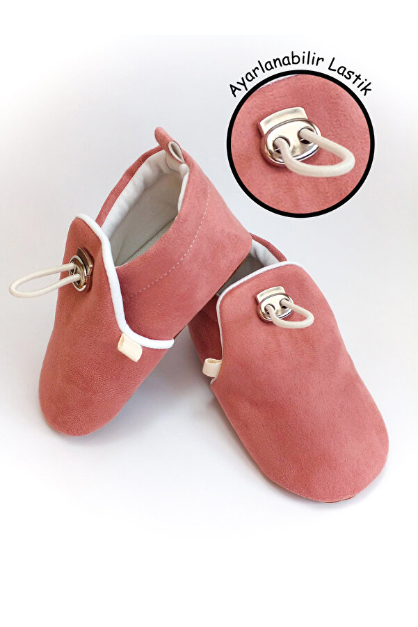 Tiny Feet Pembe Kadife Kaydırmaz Taban, Ayarlanabilir Lastikli Bebek Patik, Kreş Ayakkabısı, Ev Botu Panduf