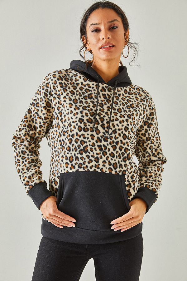 Olalook Women s Ecru Leopard Leopard Hooded Fleece Sweatshirt SWT 19000326 Trendyol