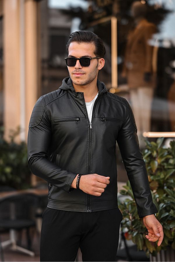 Mens black leather jacket slim fit online