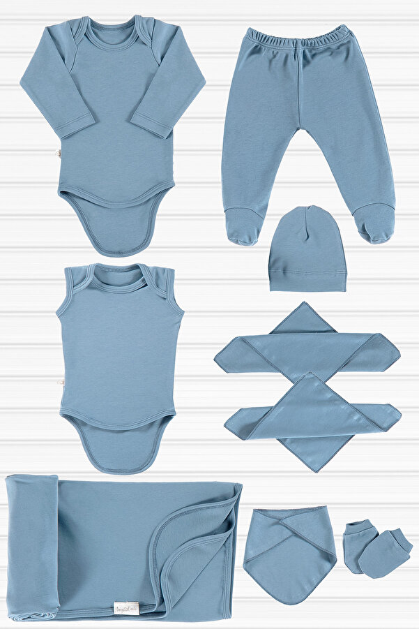 tinylamb Derry Unisex 9 Parça Hastane Çıkışı Seti Organik Pamuk Yenidoğan Takımı - Mavi