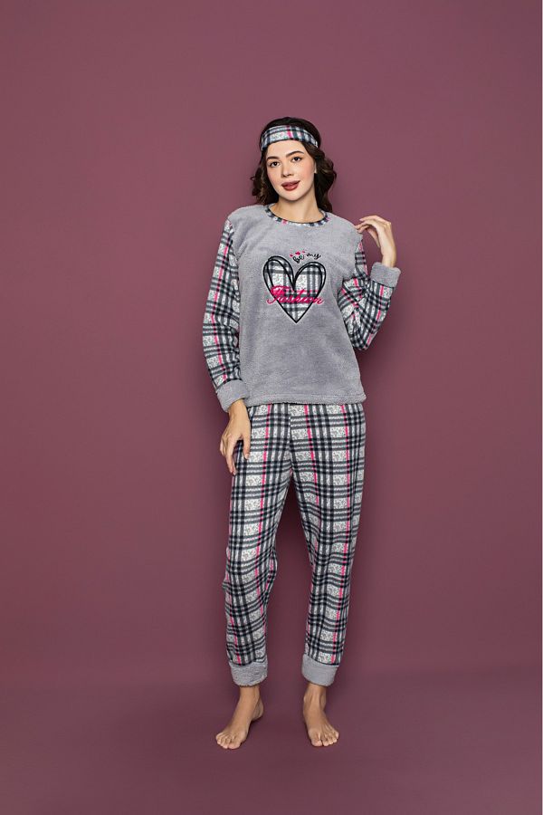Asel-Women's Plaid Patterned Fleece Pajama Set 1