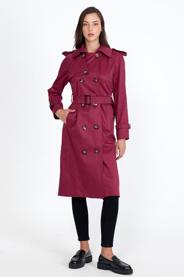 Sporting Women s Burgundy Coated Lined Waterproof Belted Long Trench Coat Trendyol