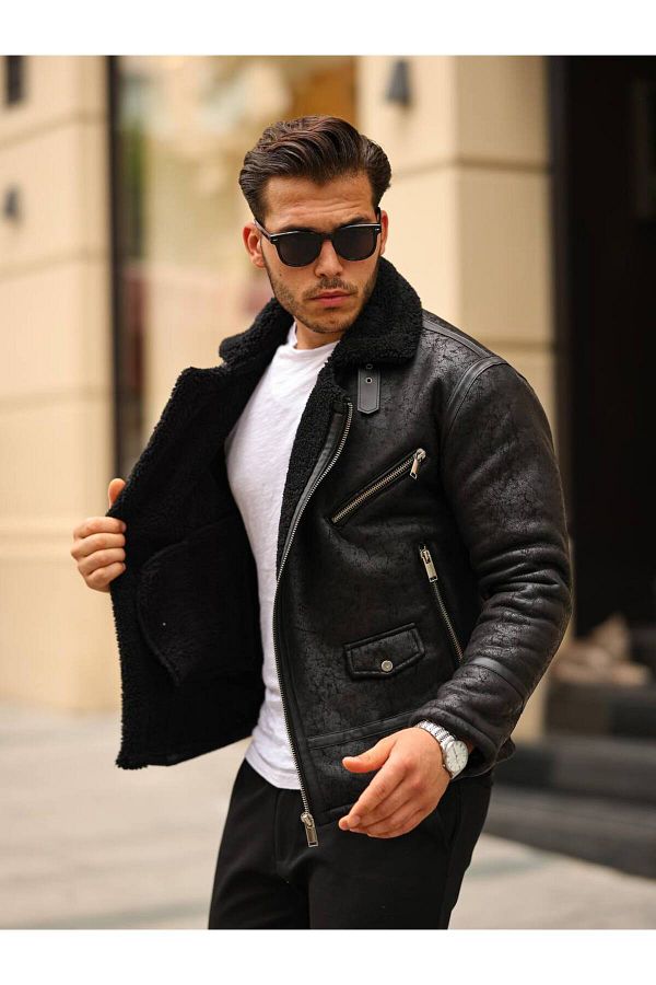 TREND L FE Male Model Black Napa Leather Fur Lined Coat Jacket. Trendyol