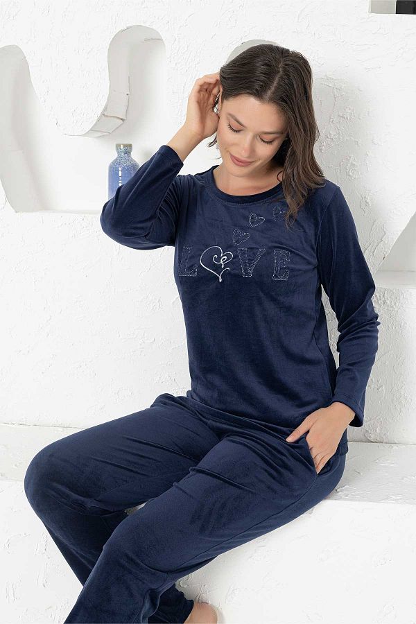 My Fashion World Navy Blue Love Written Super Soft Velvet Women s Long Sleeve Pajama Set 2747 Trendyol