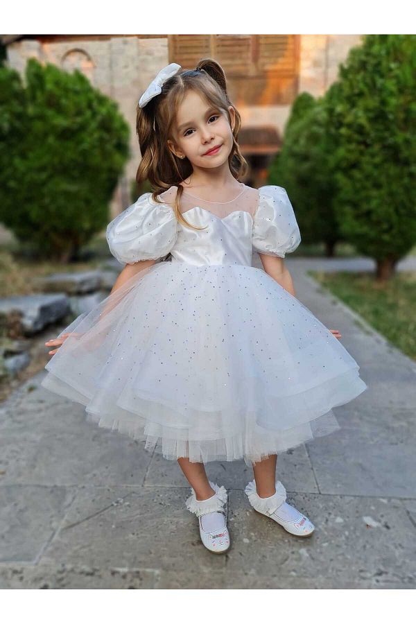 Sare Çocuk Giyim-Βραδινό φόρεμα Princess Fluffy Girl Παιδικό Λευκό Νυφικό 1