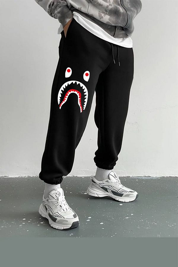 AMMA Men s Black Bape Shark Printed Sweatpants with Elastic Legs Trendyol