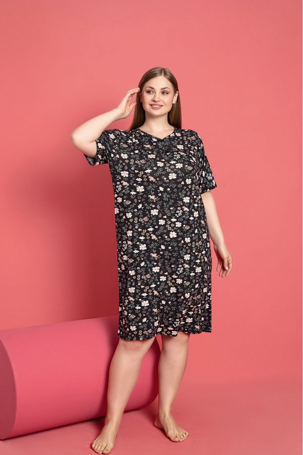 Asel-Plus Size Lycra Patterned Nightgown 1