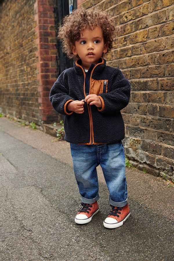 Next Baby Borg Navy Blue Brown Detailed Fleece Jacket Coat Trendyol