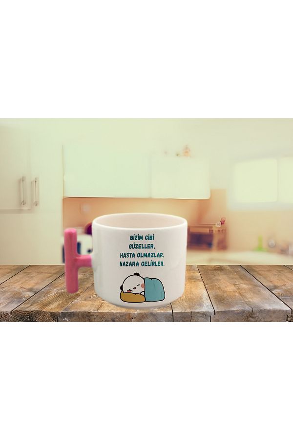 GünayStore-BEAUTIFUL PEOPLE LIKE US DO NOT GET SICK, THEY COME TO THE EVIL NESCAFE & LATTE CUP WITH WRITTEN COLORFUL T HANDLE 1