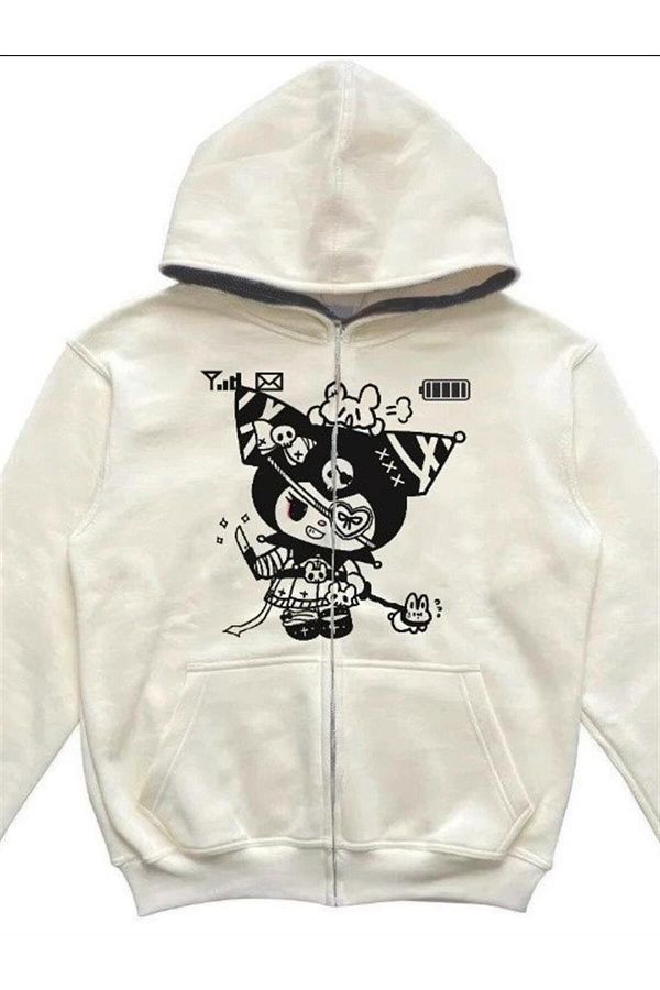 Planet Butik-White Retro Mobile Kuromi Thick Fabric Zippered Hooded Cardigan 1